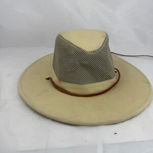 Jacobson Hat Company Tan Mesh Safari Sun Hat Leather Chin Strap Wide Brim Hat